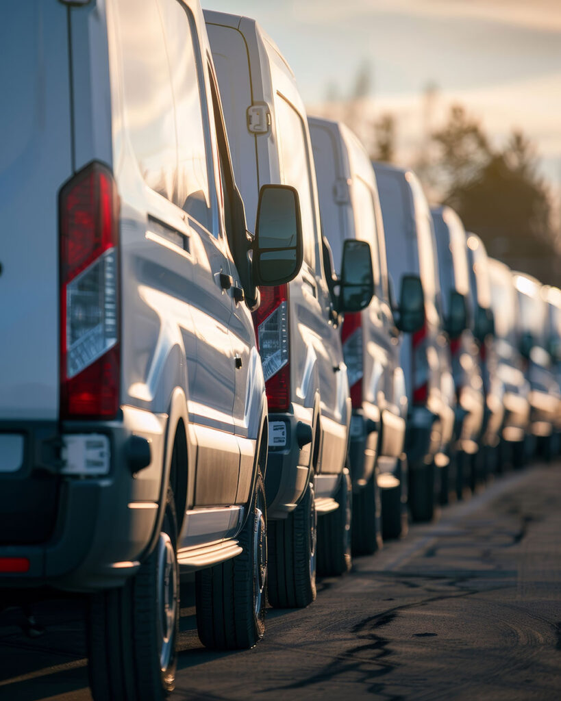 row of white vans ready for fleet disbursement Legacy Auto Clinic Castle Rock